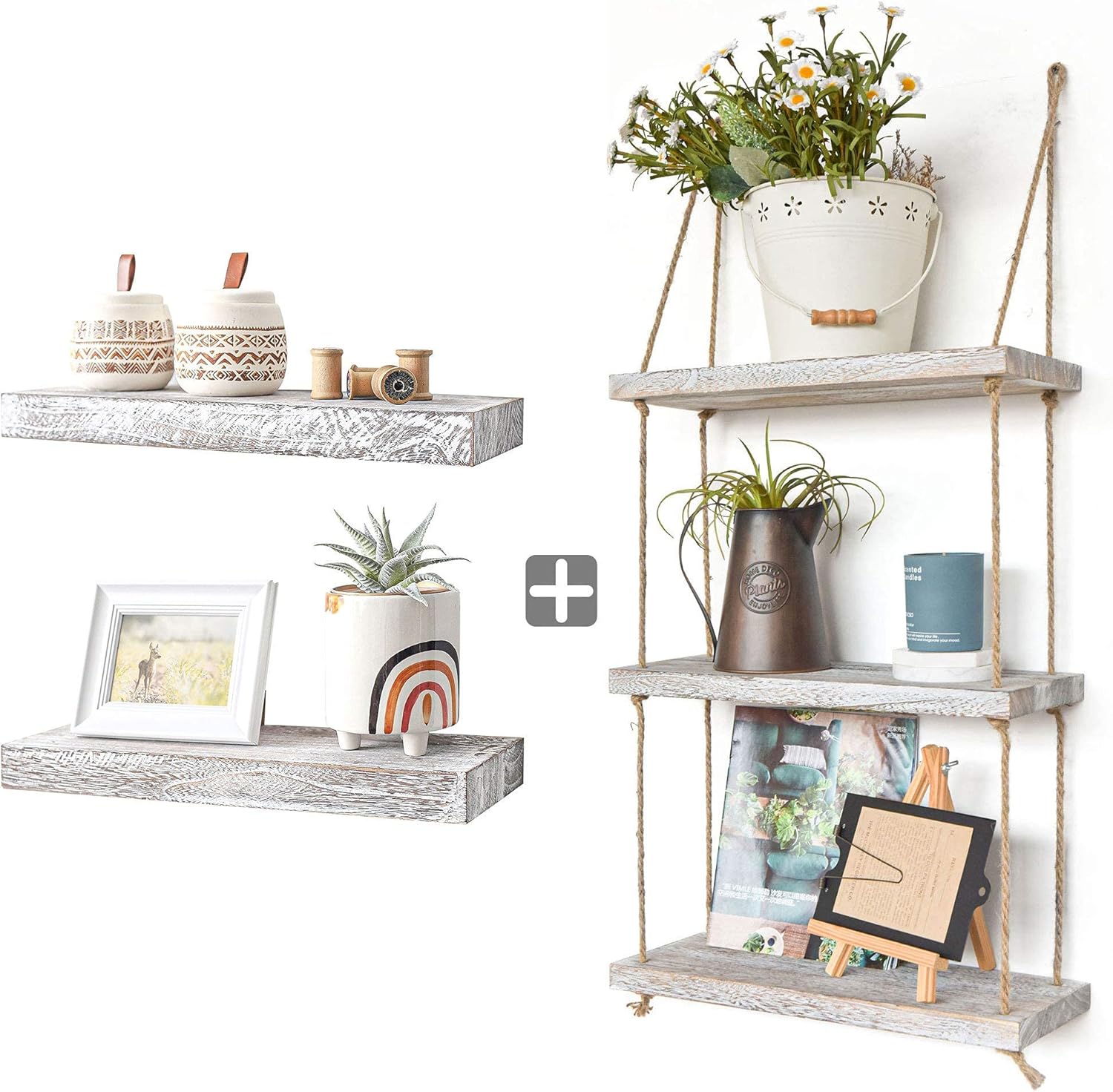 Labcosi 3 Tier Rope White Wall Hanging Floating Shelves