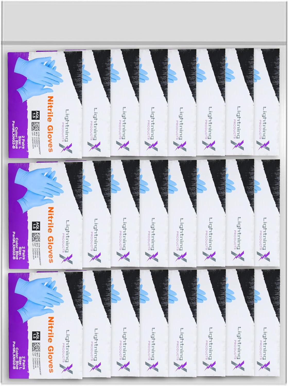 Lightning X Products Blue Nitrile Glove Pairs, Individually Packed, 100 Gloves, 50 Pairs, 25 Carded Packs of 2 Pairs - Large