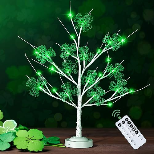 Enhon Árbol del día de San Patricio con 12 tréboles, árbol de abedul iluminado de 24 pulgadas con trébol de la suerte verde, 24 LED, árbol