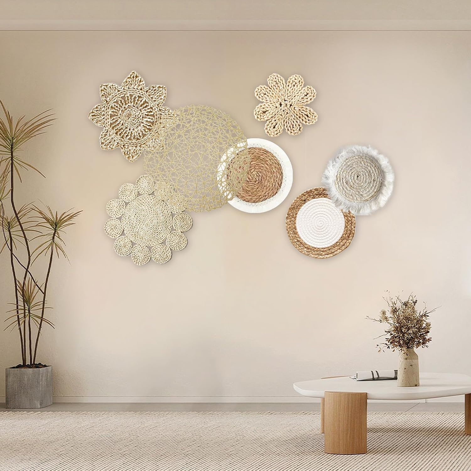 Tissting Boho Wall Basket Decor Set of 7 - Handmade Rattan Seagrass Woven Wall Hanging Art with Tassels for Farmhouse Bedroom Living Room Kitchen