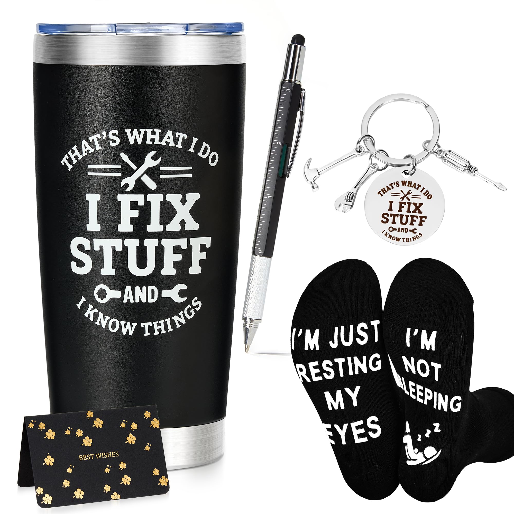 Unique Birthday Gifts for Men - Funny Stainless Steel Travel Tumbler, Multi-Tool Pen, Socks & Keychain Set – Perfect Presents for Dad, Husband, Grandpa, Mechanics & More