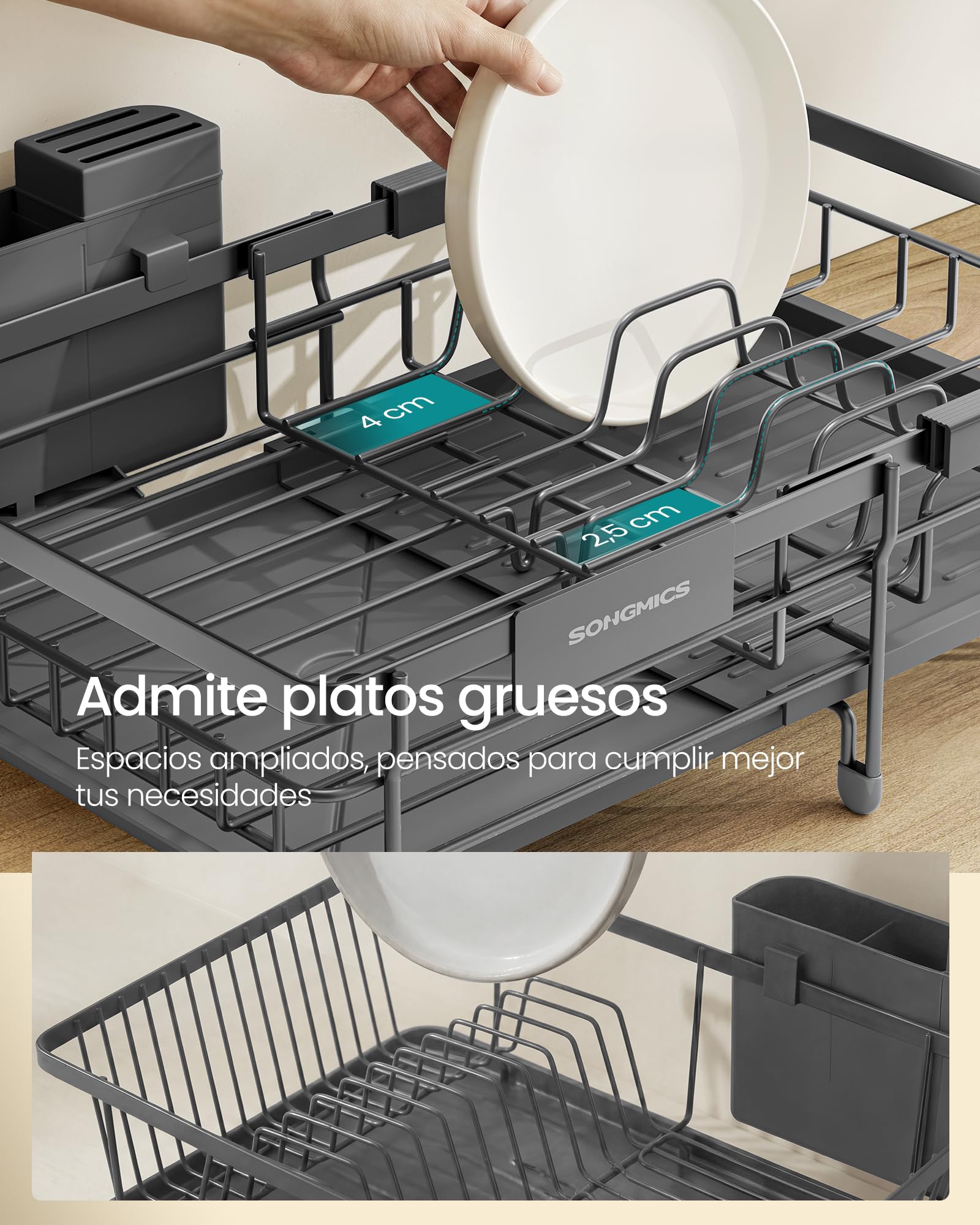 SONGMICS Escurreplatos para Espacios Reducidos, Escurridor de Platos de Cocina Extensible, Boquilla Extensible y Giratoria 360°, Acero, (30,2-46,5) x 29,6 x 14 cm, Gris Antracita KCS556GT01