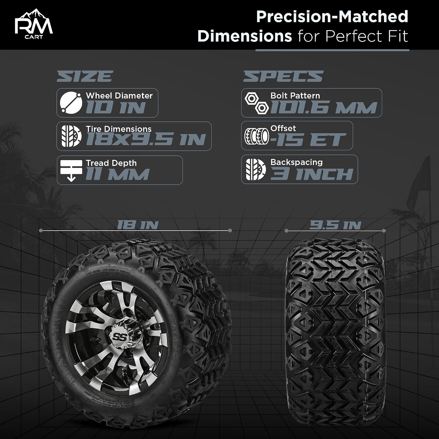 RM Cart 10" Warlock Black/Machined on 18x9.50-10 Black Trail Tires (Set of 4) | Golf Cart Tires and Wheels Combo with Standard Lug Nuts