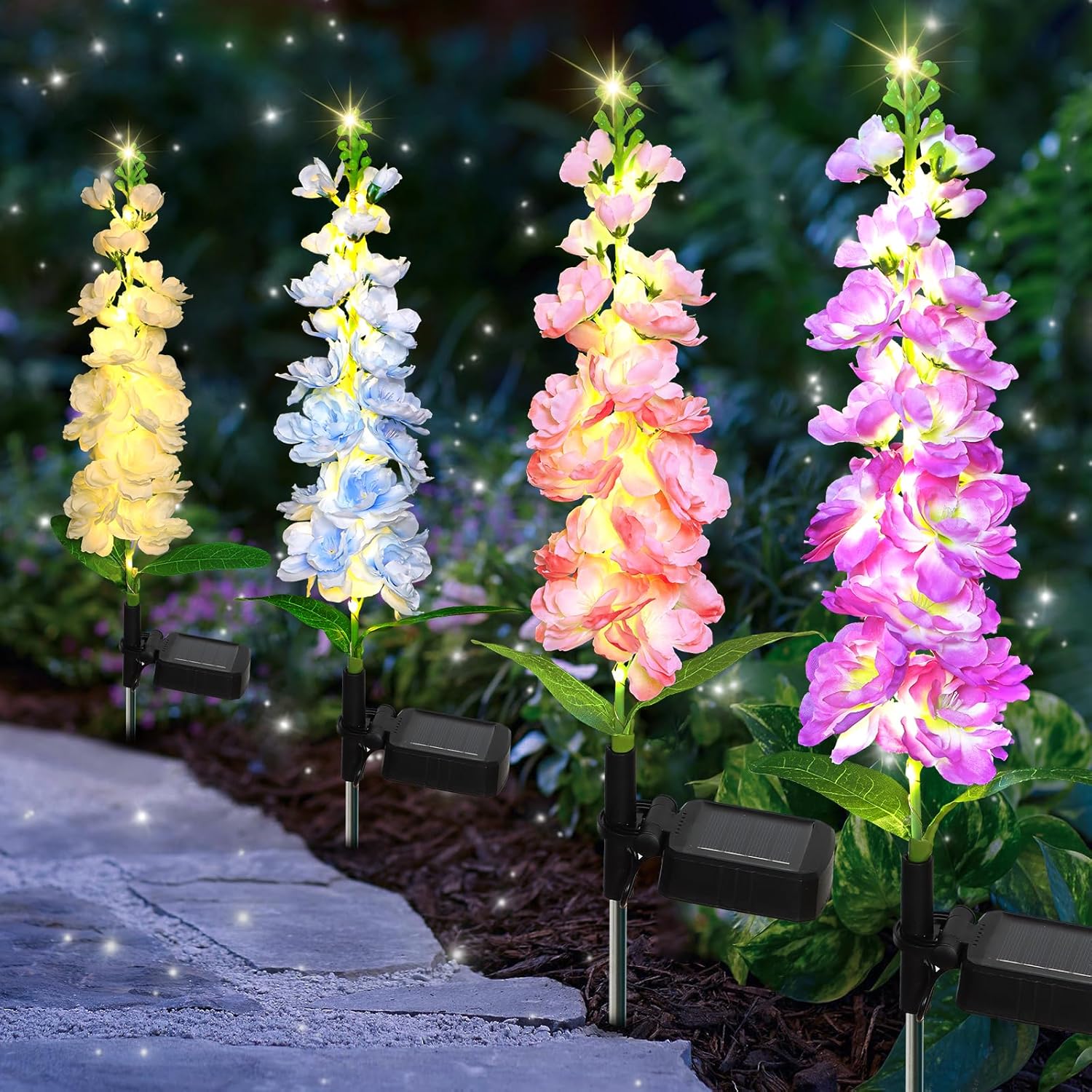 TOCHGREEN Solar Garden Lights 4 Pack Upgraded Solar Delphinium Flowers Powered Outdoor Waterproof Solar Powered Changing Lights Two Lighting Modes for Outside Yard Wedding Party Garden Patio Decor