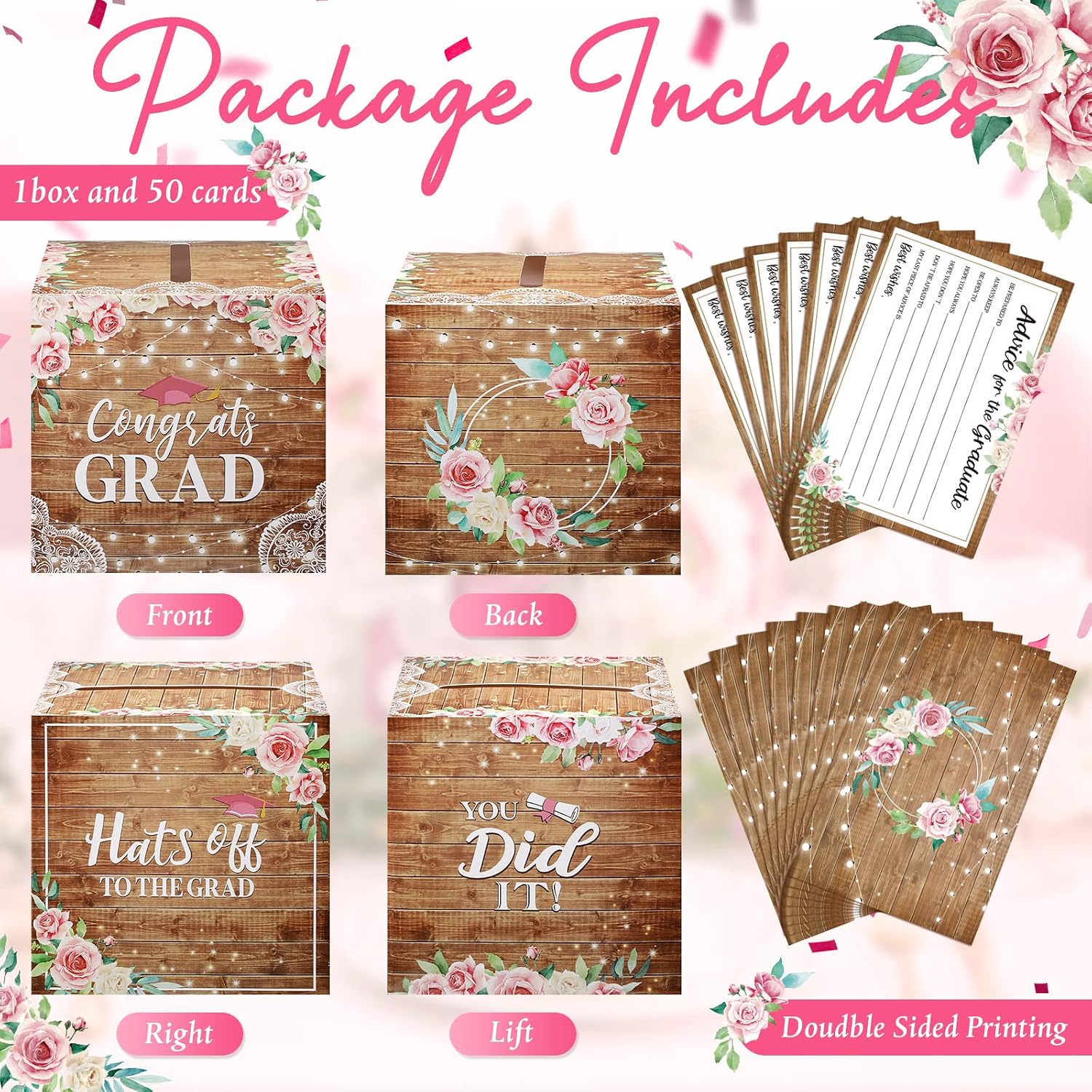 Funrous 51 Pcs Graduation Card Box with Advice Cards Floral Wood Grain Congrats Grad Cards with Holder Box Flower Congrats Wishes Cards Treat Box for Graduation Party Supplies Decor Table Centerpiece