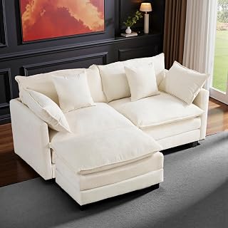 77" Loveseat with Movable Ottoman|Chenille L Shaped Sectional Sofa Couch with 29.1" Deep Seat|FSC Certified Solid Wood & Metal Frame| for Apartment Living Room Bedroom|Beige