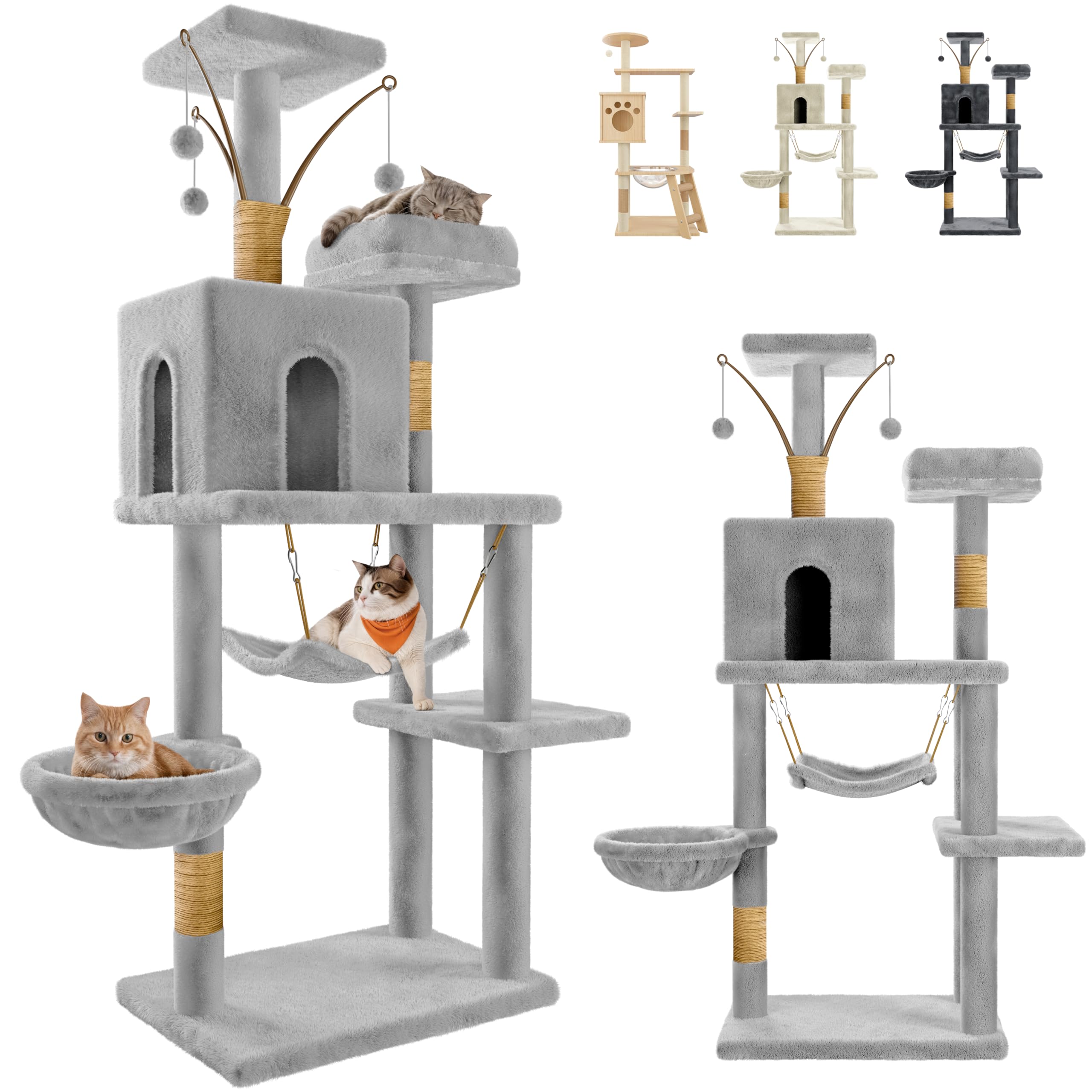 JUPPLIES Árbol Rascador para Gatos 143 cm – Torre de Juegos y Descanso con 5 Plataformas, 3 Nidos, 1 Cueva y Hamaca – Poste de Sisal y Base Estable 60×40 cm – Ideal para Hogares (Gris)