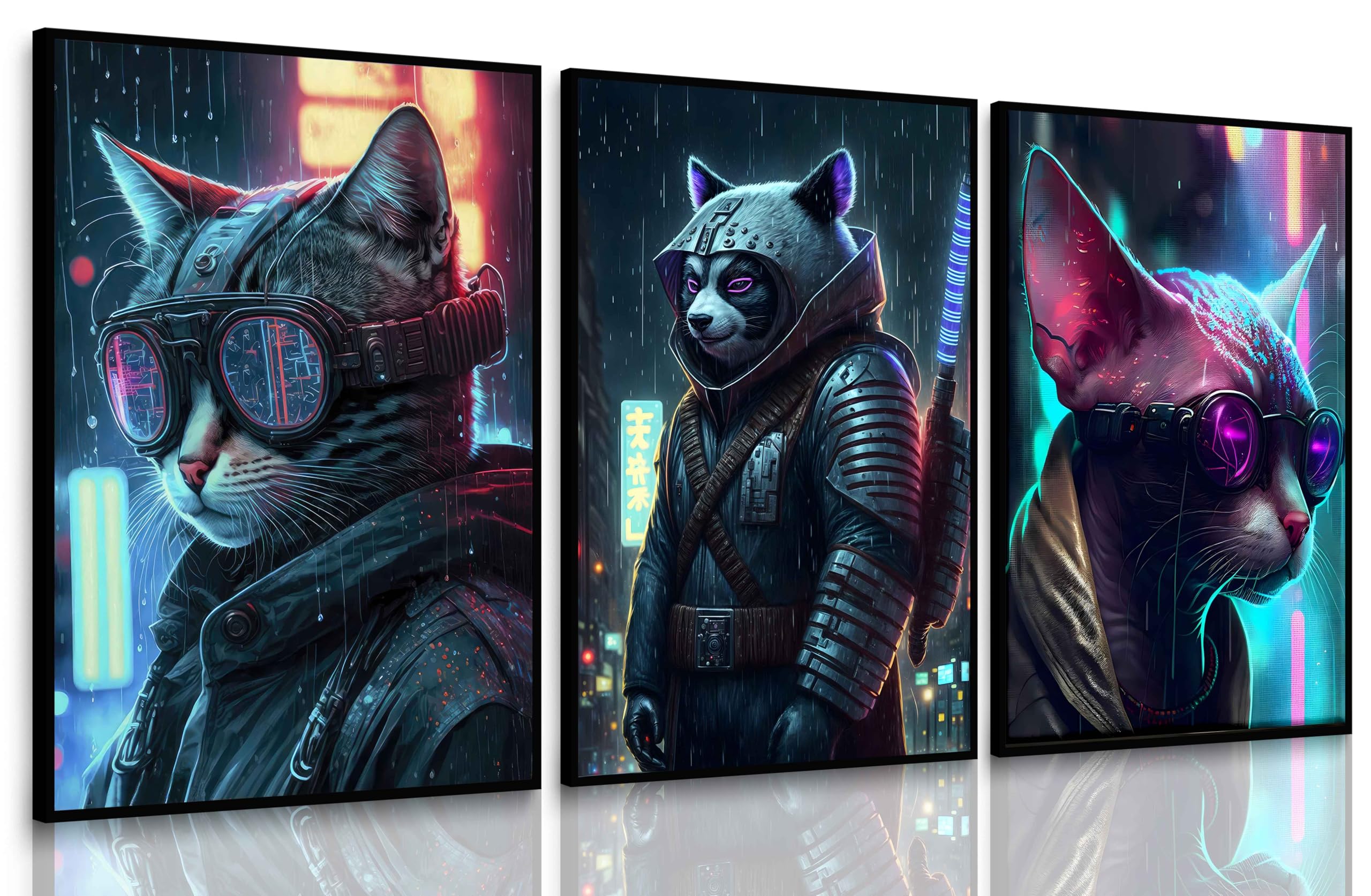 VONAJKVD 3 Pcs Cool Gaming Wall Art Cyberpunk Animals Wall Decor Colorful Neon Canvas Paintings Video Game Prints Cat Panda Poster Picture For Kids