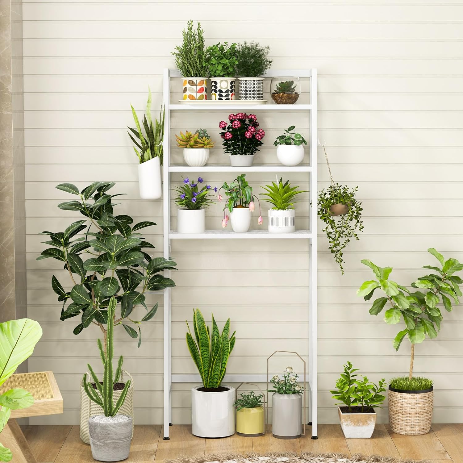 Tangkula Over-The-Toilet Storage Rack, 3-Tier Freestanding Bathroom Space Saver Shelf w/ 2 Hanging Hooks & Toilet Paper Holder, Metal Above Toilet Storage Rack for Bathroom Laundry (White, 62.5”H)