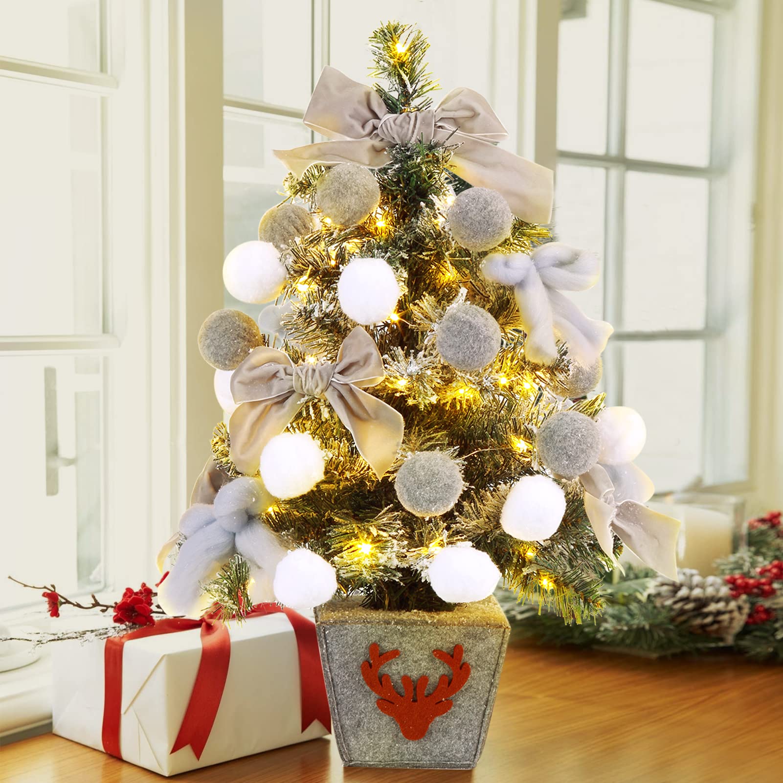 Weihnachtsbaum Künstlich, 60 cm Esstisch Schnee Fallender Weihnachtsbaum mit Weihnachtskugeln, Schleifen und 50 LED Leuchten Geeignet für Weihnachten Partys Zuhause Drinnen und Draußen - Grau