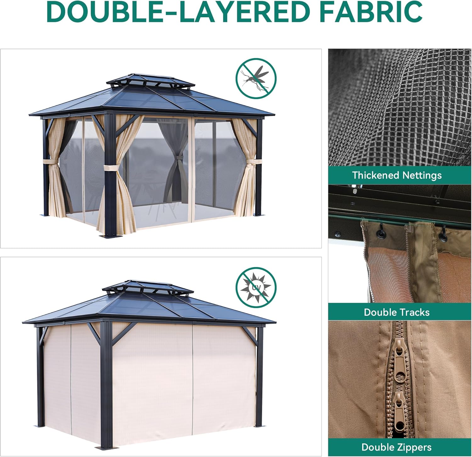 YITAHOME 10x12FT Gazebo Hard-Top Double Roof Canopy Outdoor with Netting and Shaded Curtains, Metal Frame Polycarbonate Hardtop Garden Tent for Patio, Backyard, Deck and Lawns, Brown
