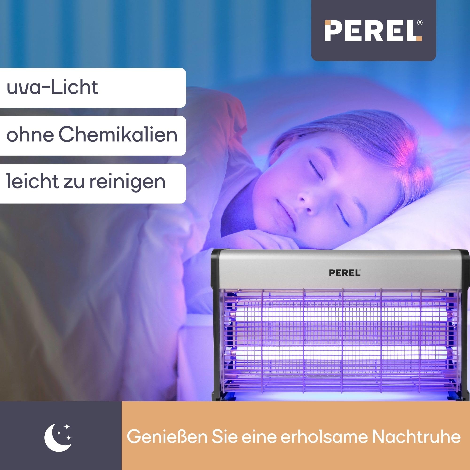 Perel Elektrischer UV Insektenvernichter innen, 2800V Hochspannungsgitter, leise Fliegenlampe mit entnehmbarer Metall-Auffangschale, 100 m² Abdeckung, chemiefreie Insektenbekämpfung