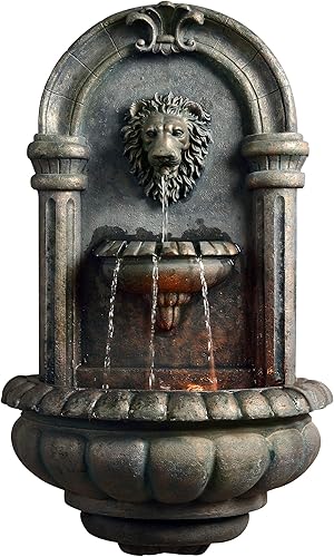 Teamson Home Royal Lion Head - Fuente de cascada de pared ligera con luces LED y bomba para patio al aire libre, jardín, terraza, decoración de 32