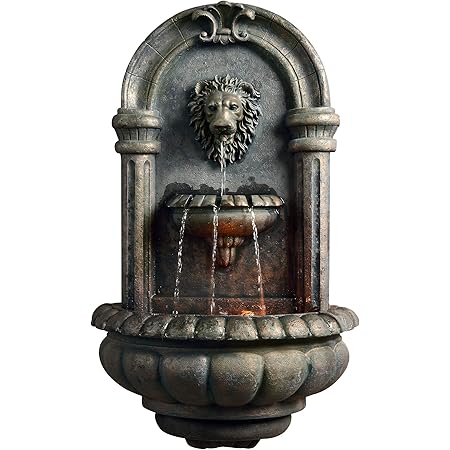 Teamson Home Royal Lion Head Light Weight Wall Waterfall Fountain with LED Lights and Pump for Outdoor Patio Garden Backyard Decking Décor, 32 inch Height, Dark Gray