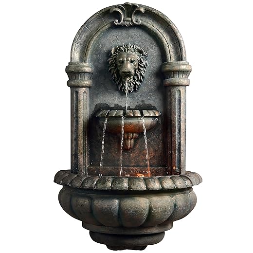 Teamson Home Royal Lion Head Light Weight Wall Waterfall Fountain with LED Lights and Pump for Outdoor Patio Garden Backyard Decking Décor, 32 inch Height, Antique Bronze