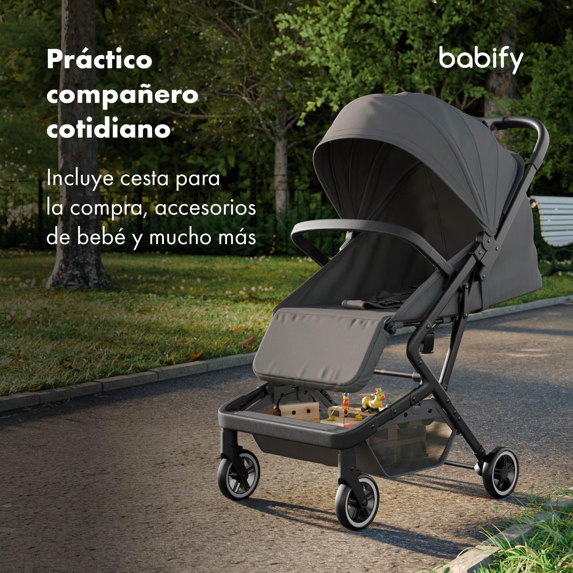 Babify Carrito Bebe Urban Ease - Desde Nacimiento a 4 Años (22 kg), Plegado con Una Mano, Reclinable, Reposapiés Ajustable, Revestimiento Extraíble, Cesta, Capota con Ventana, Silla Ligera, Gris