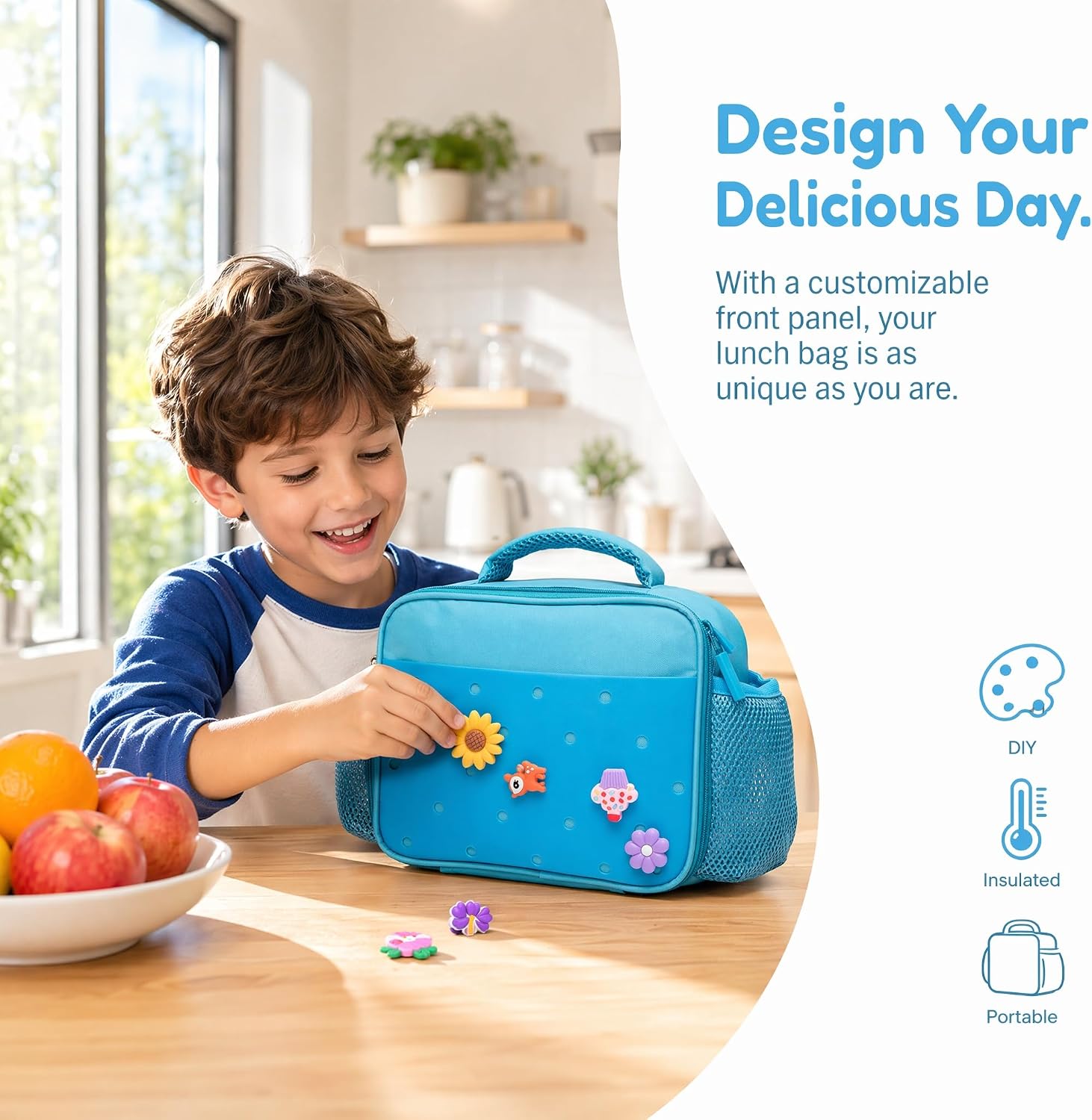 pVq Kids Insulated Lunch Bag with 10 Charms DIY Customizable Lunch Box for Boys & Girls, Leakproof Reusable Lunch Tote with Bottle Pocket for School Picnic & Travel (Blue) image 2