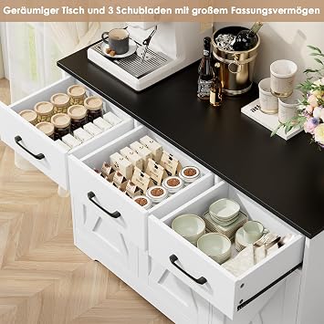 HOCSOK Sideboard, Kitchen Cabinet with 3 Drawers and 3 Doors, Wooden Storage Cupboard Cabinet for Kitchen, Living Room, Dining Room, Hallway, White & Black