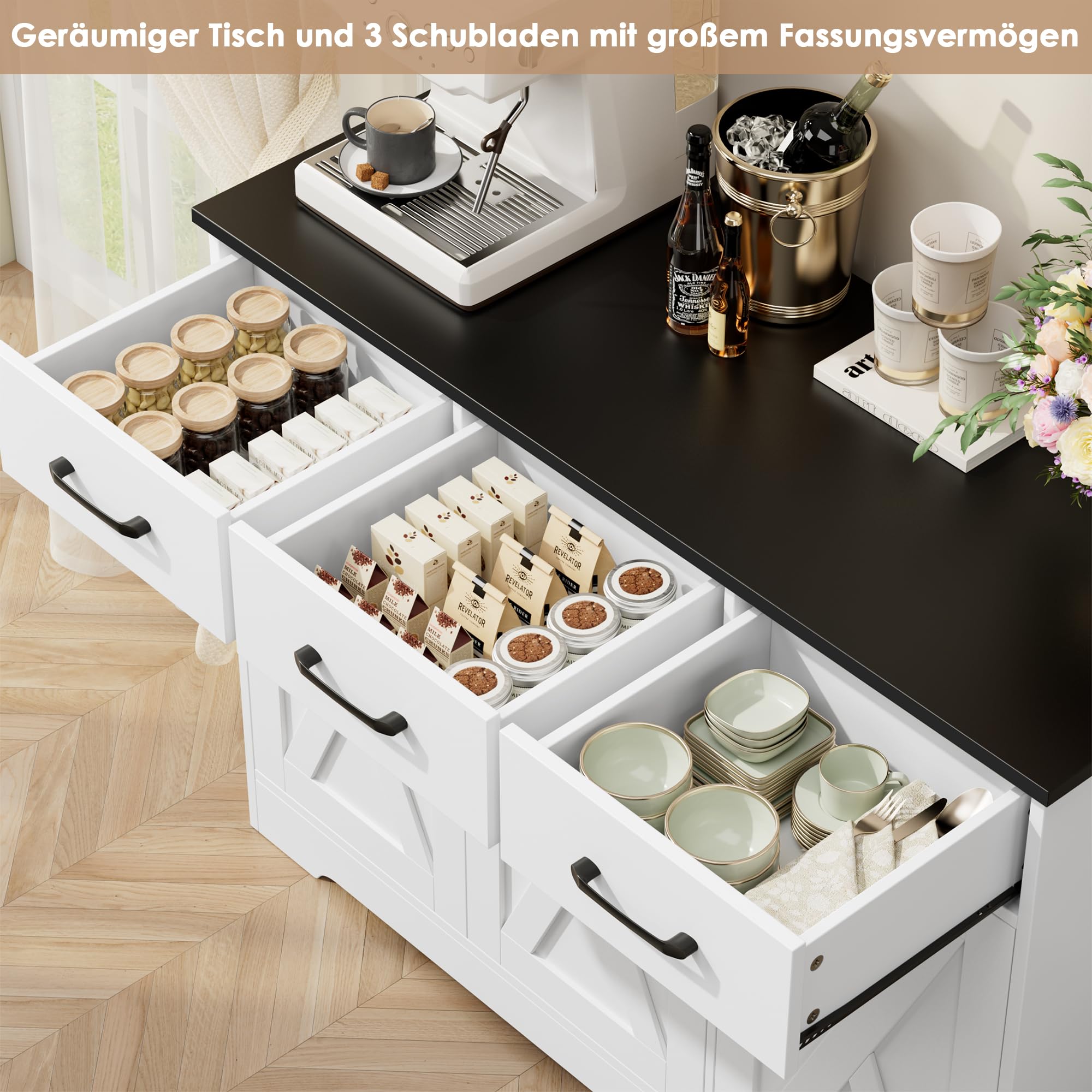 HOCSOK Credenza, Mobile Cucina con 3 Cassetti e 3 Armadi，Buffet Mobile Moderno, Credenza Soggiorno, Mobile per Cucina Ingresso Foyer, Sala da Pranzo, Bianco+Nero