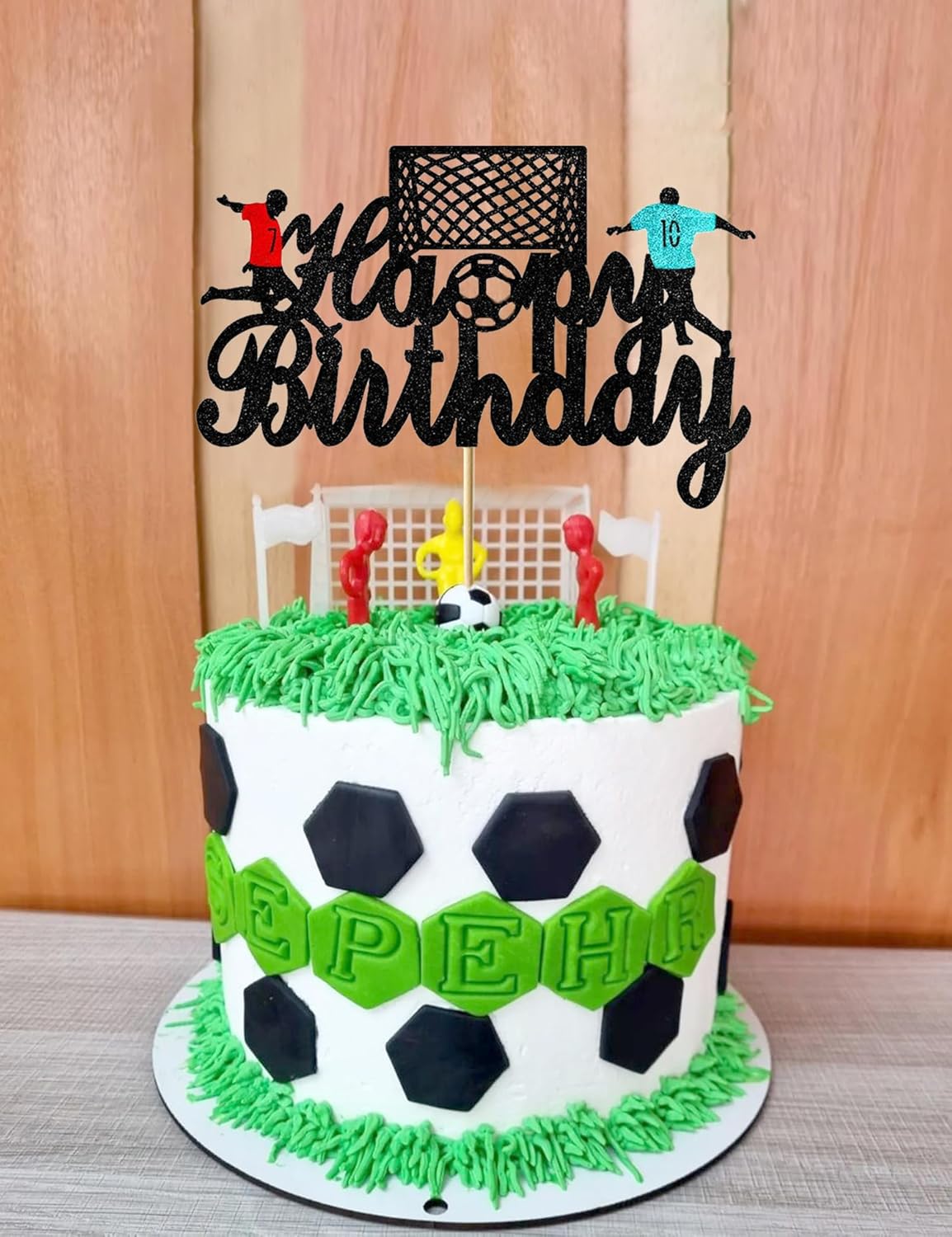 Soccer Cake Topper Happy Birthday Cake Decorations for Boys Girl Glitter Soccer Sport Theme Happy Birthday Party Decorations Supplies Black