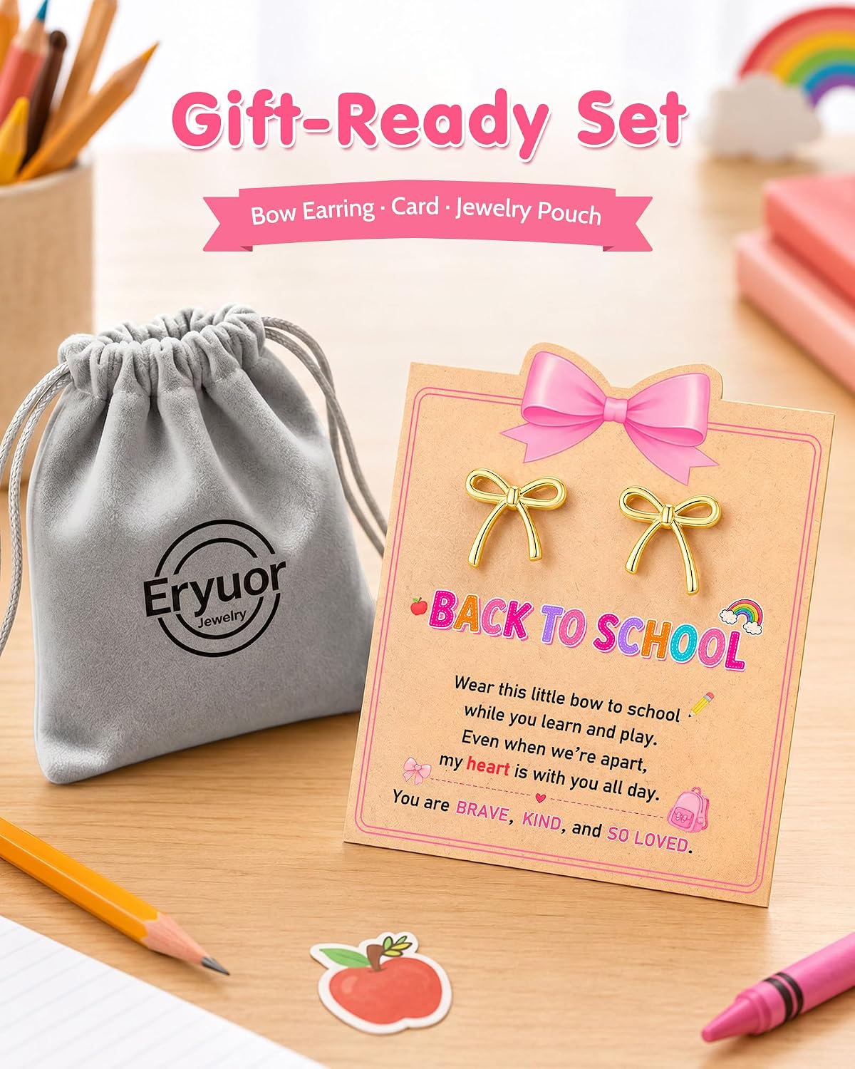 Eryuor Cute Back to School Gifts, 14k Gold Bow Earrings for Girls Kids