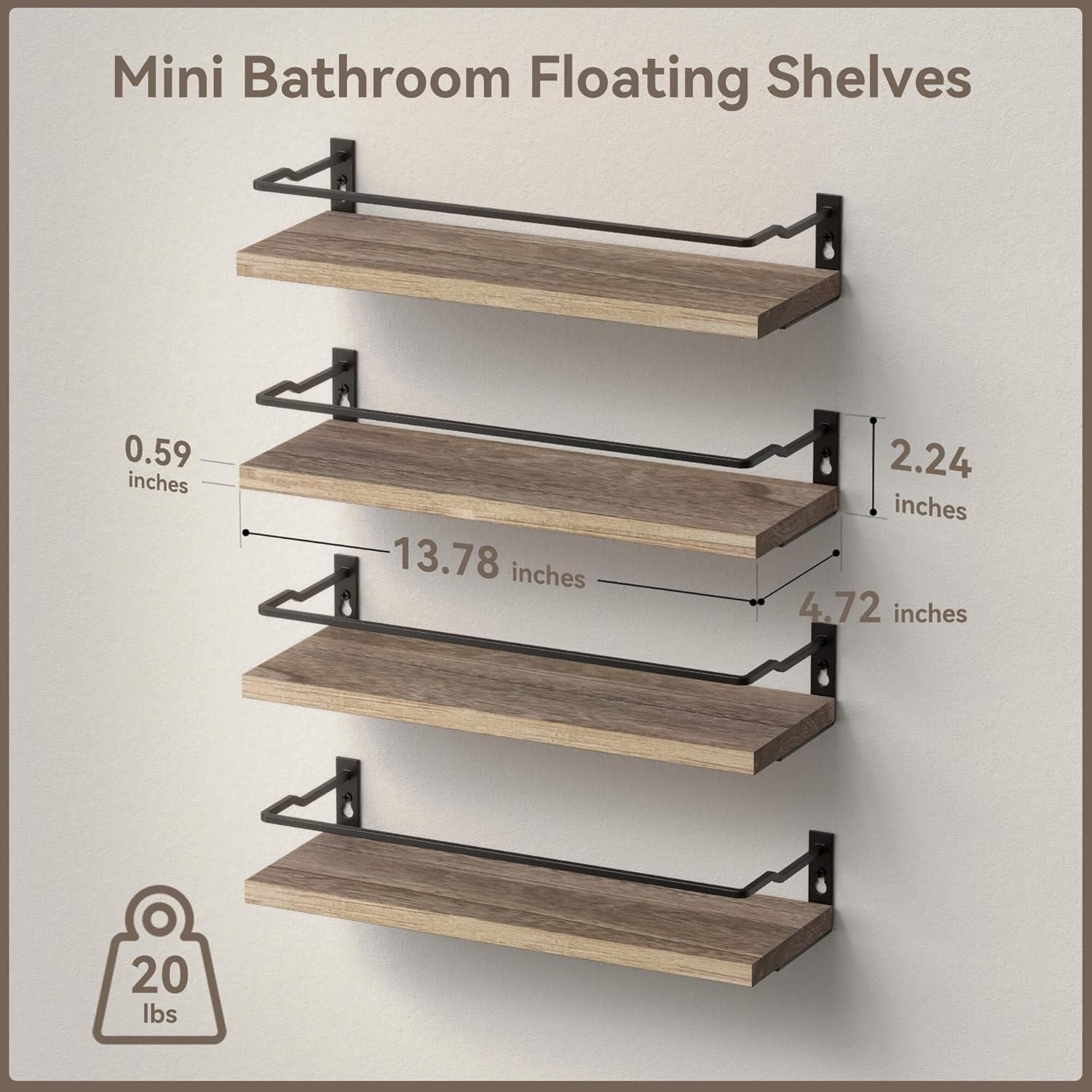 RICHER HOUSE 4-Piece Bathroom Paulownia Wood Shelves Set, Wall Mounted, Protected Guardrail, 20 lbs Weight Capacity - Carbonized Black