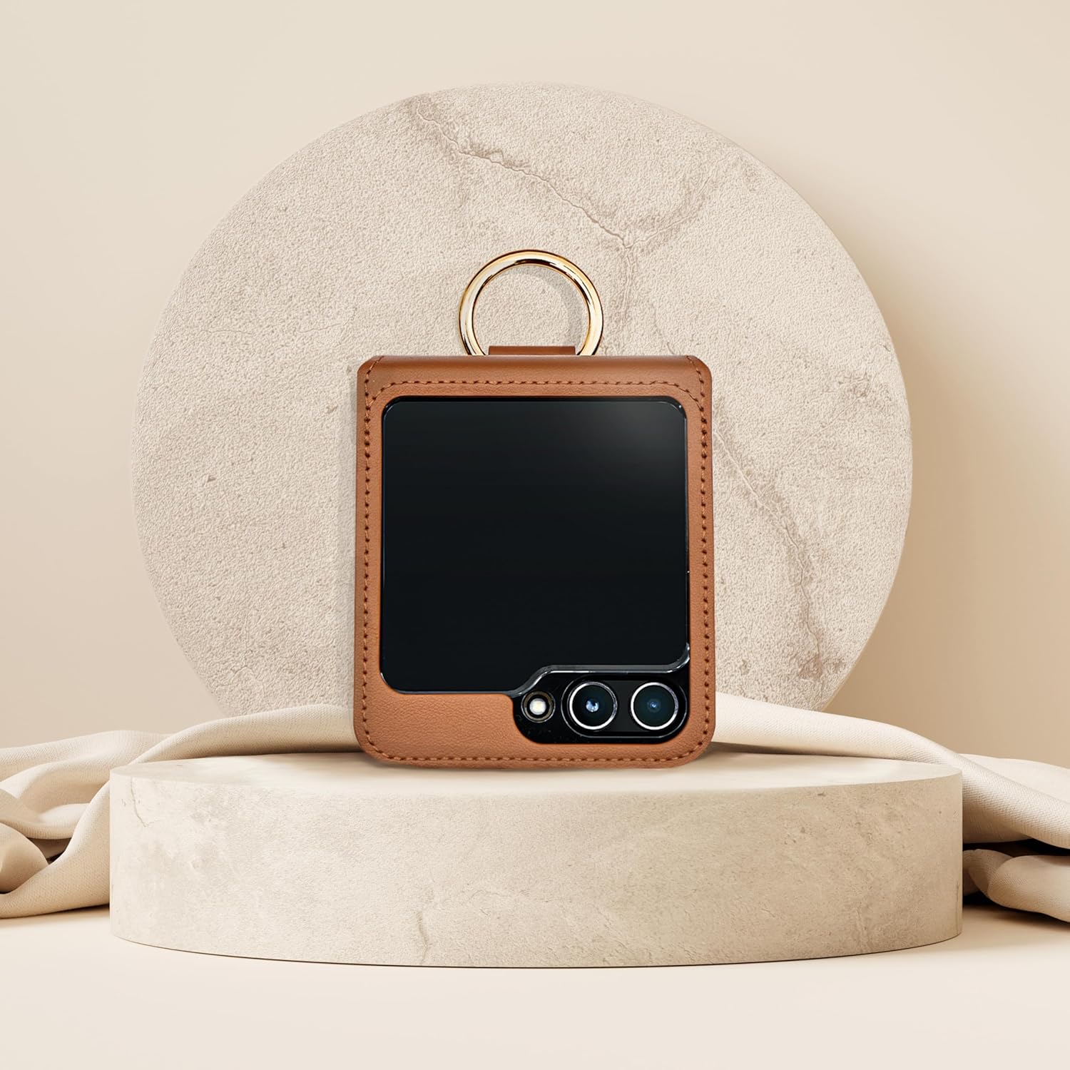 [BeYourSanta] Galaxy Z Flip 6 Case Luna & Dolce with Card Holder, Camera Cover, and Hinge Protection - Italian Genuine Leather | Ring Holder (Camel Brown, Dolce(1 Slot))