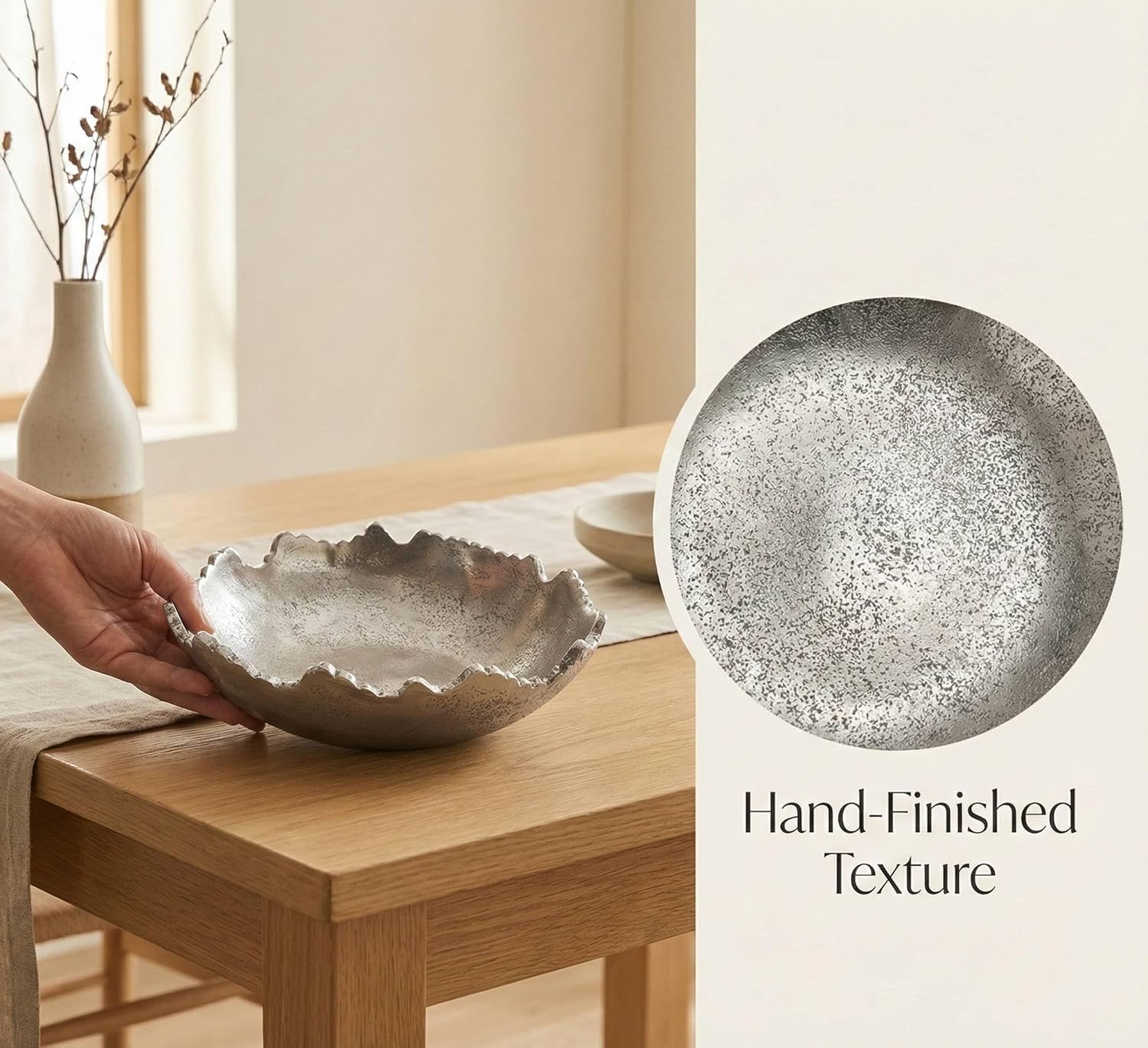 Silver Decorative Bowl for Coffee Table, 8.5" Modern Sculptural Centerpiece, Hand-Hammered, Hand-Textured Aluminum Bowl with Protective Feet, Entryway Catchall Key Bowl