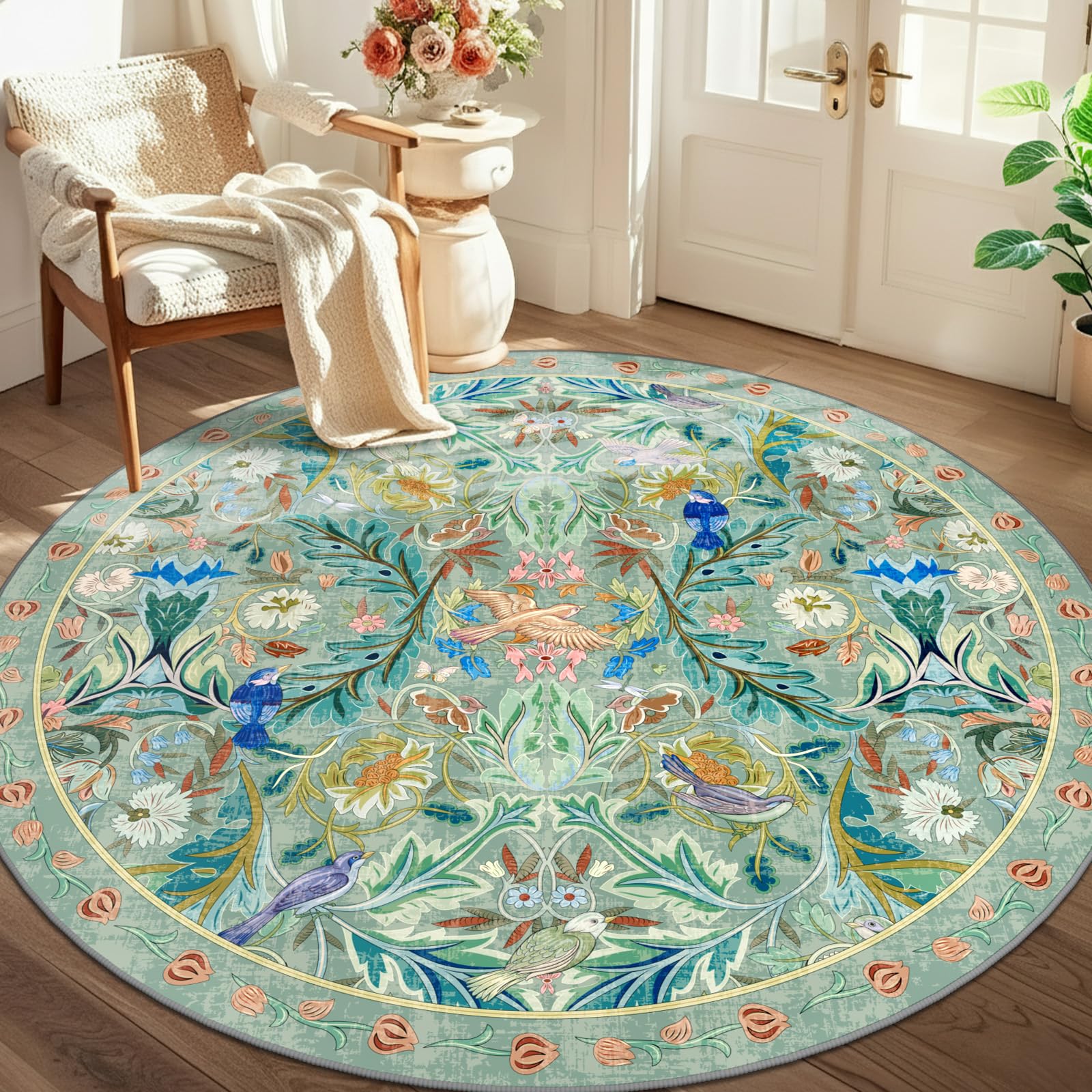 TUKDAK Round Rugs for Living Room 160cm, Boho Green Bird Washable Circle Area Rugs for Bedroom, Non Slip Non Shedding Soft Low Pile Animal Circular Carpet for Kids Room Kitchen Office Dining Room — image 1