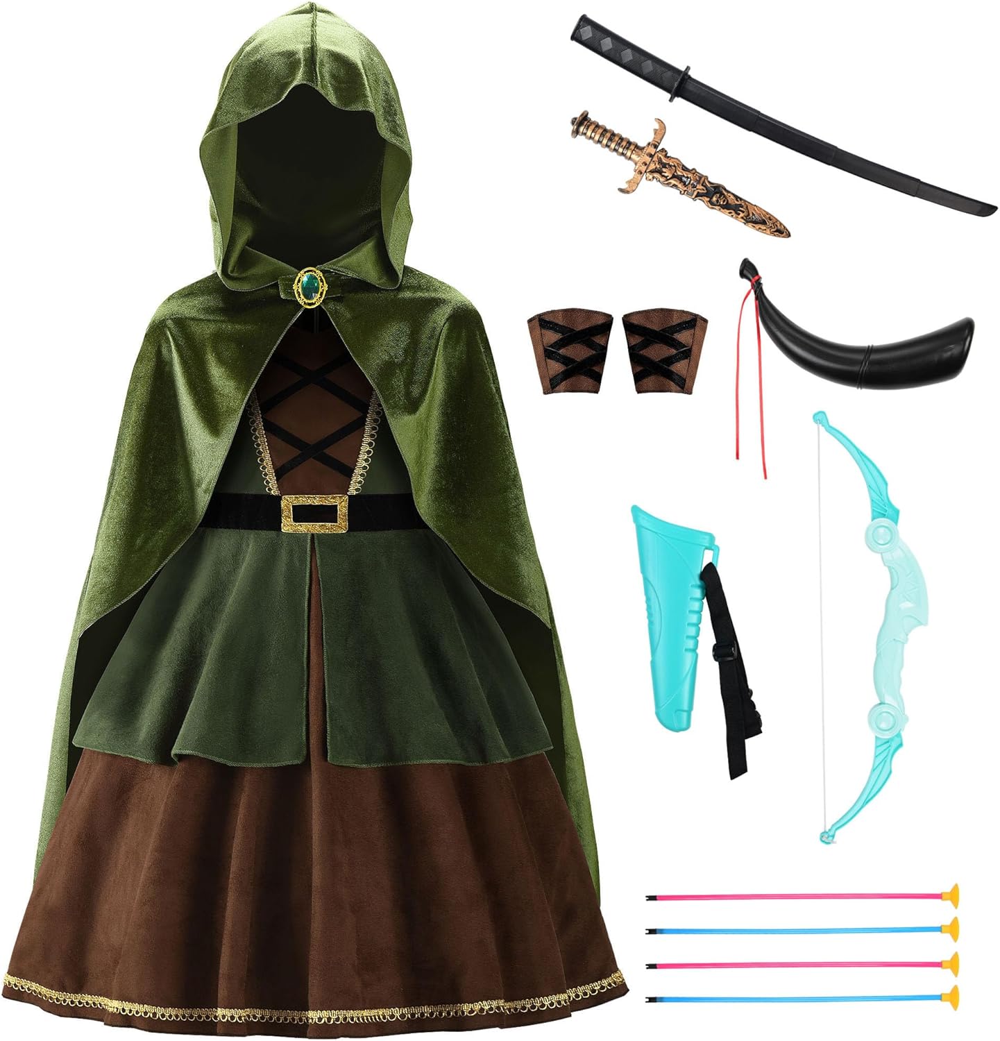 ReliBeauty Archer Costume Girls Huntress Costume for Girls with Cape,Green