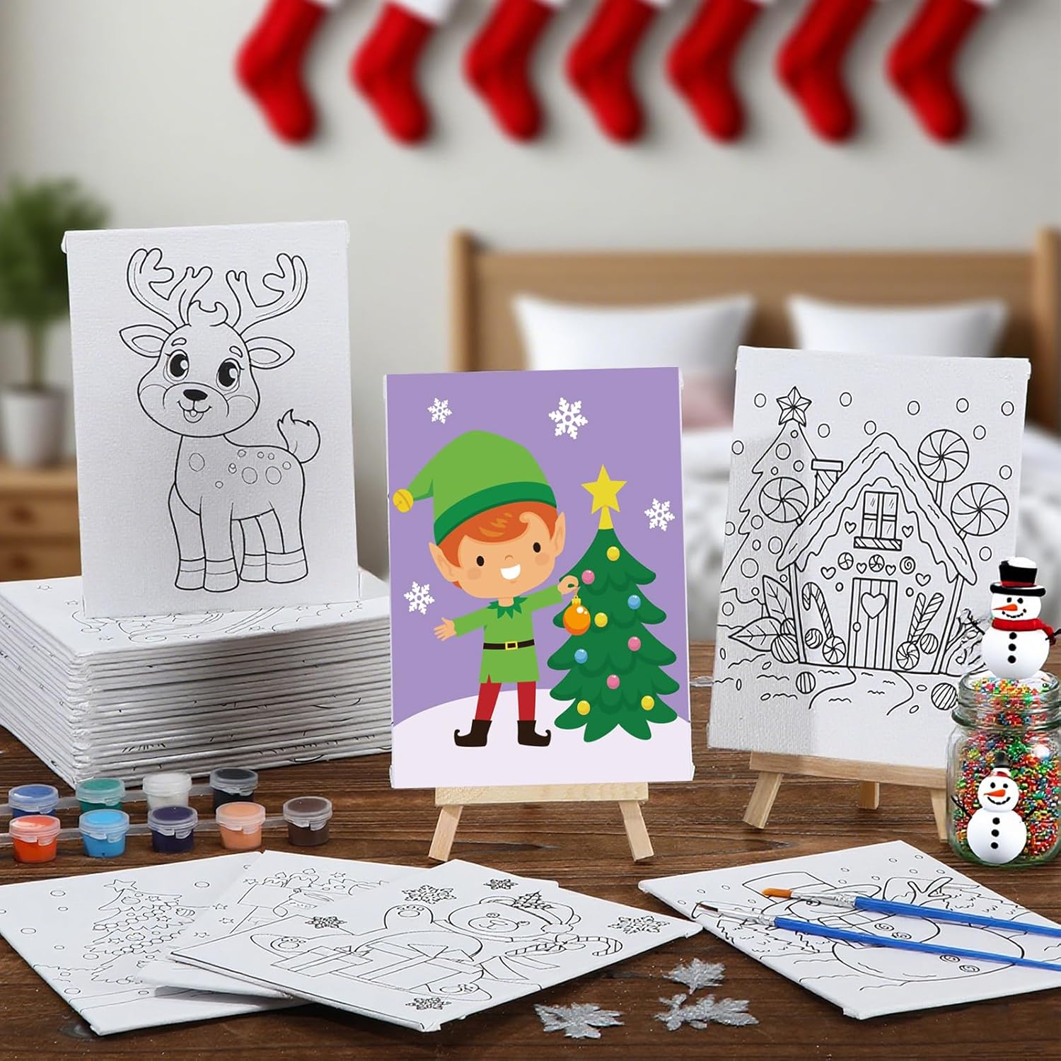 Dispowreath 30 Pcs Christmas Pre Printed Canvas Pre Drawn Canvas Painting 5 x 7 Inch Outline Painting Panels Stretched Panels Paint Set for Beginners, DIY Craft Project, Party Favor, Home Decors