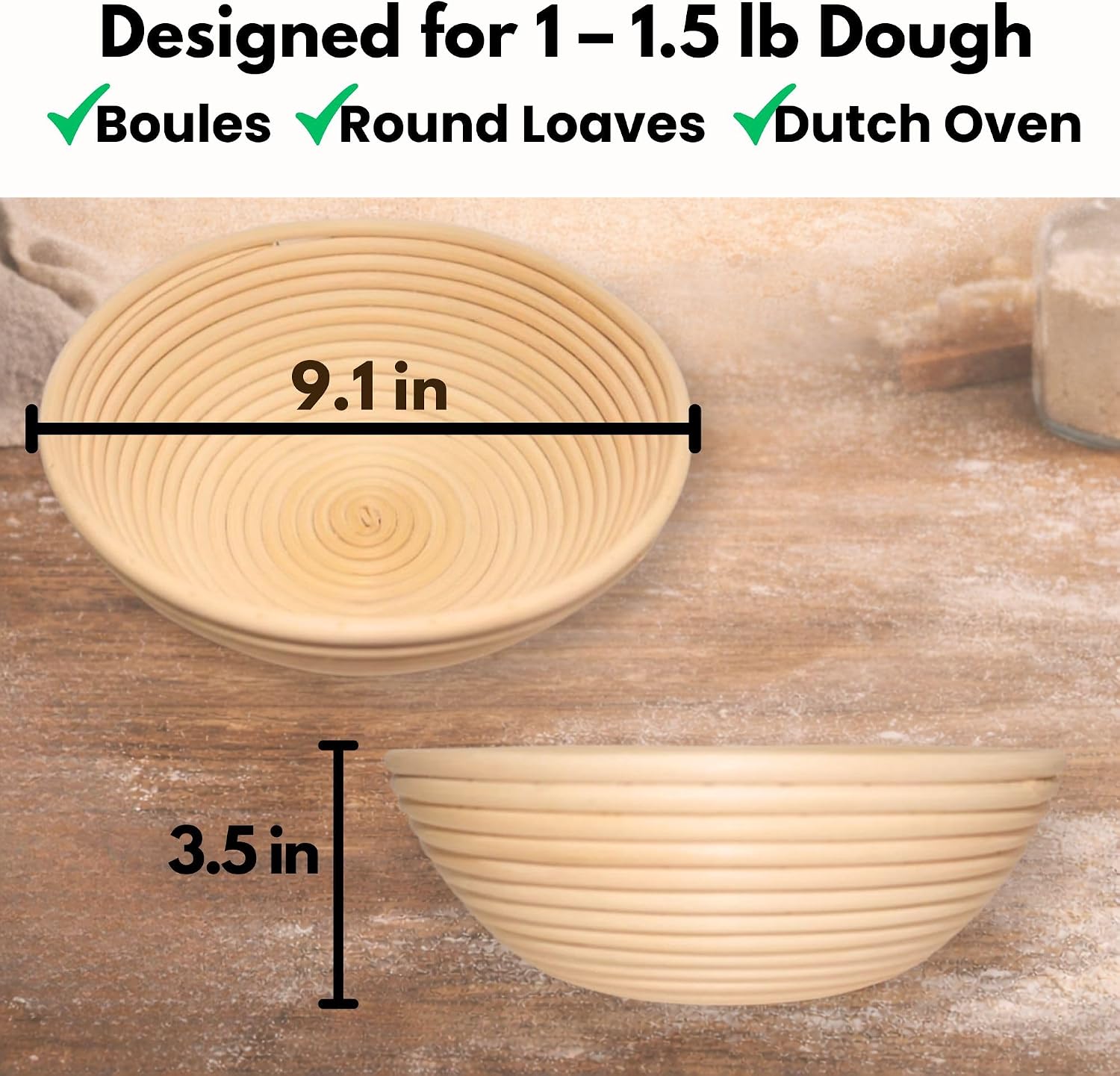Banneton Sourdough Bread Proofing Basket, Premium AA-Grade, 9 Inch for Round, Boules Loaves, Vietnamese Banneton with Cloth Cover, Bread Lame Holder with 5 Blades (9.1 Inch)