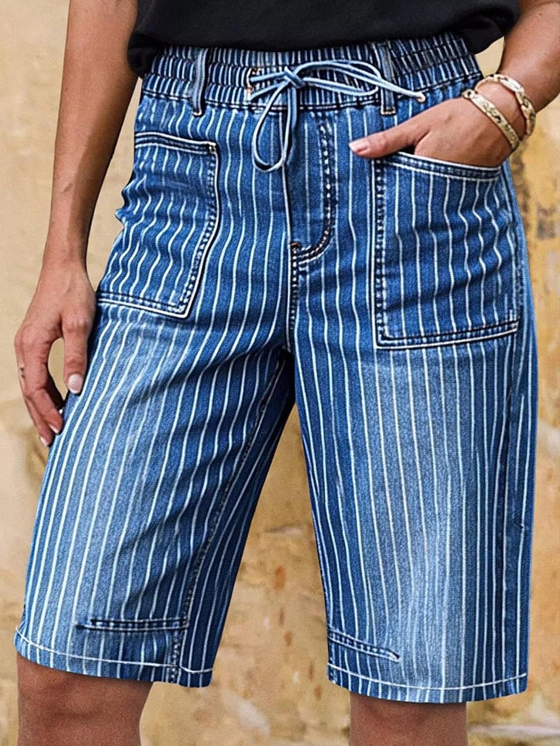 Flamingals Women’s High Waist Denim Bermuda Shorts Drawstring Stretchy Summer Trendy Denim Shorts