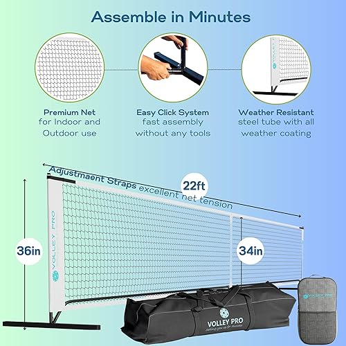 Miniatura 3 de VolleyPro - Juego de pickleball portátil con red, 4 paletas de fibra de carbono, bolsa de lona, sistema de red de pickleball de tamaño