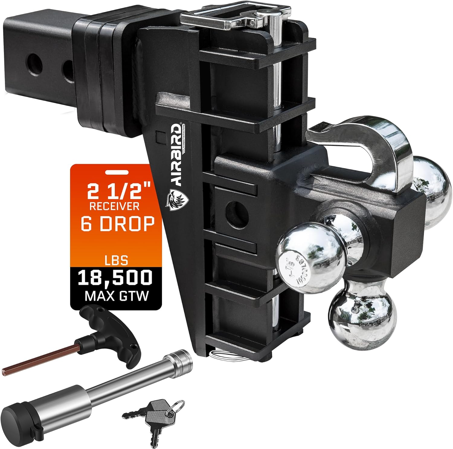 AIRBIRD Adjustable Trailer Hitch Fits 2.5-Inch Receiver, Anti-Rattle Tow Hitch (18500 LBS GTW) 6 Inch Drop Truck Hitch Tri-Ball Mount with Hook (1-7/8″ x 2″ x 2-5/16″)