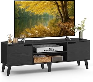VASAGLE TV Stand for 65-Inch TVs, Entertainment Center with Adjustable Shelf, 58-Inch Long Media Console Table, Transitional Style, for Living Room, Bedroom, Ebony Black ULTV556B01