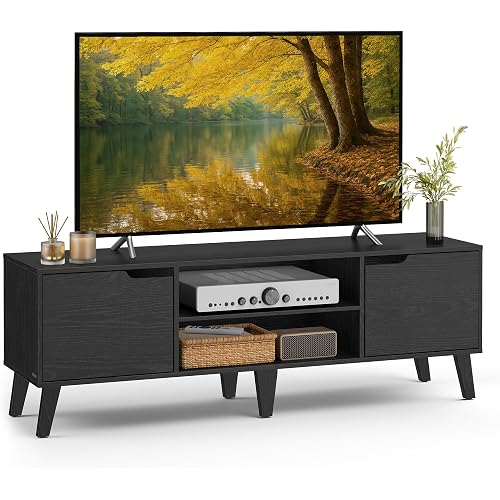 VASAGLE TV Stand for 65-Inch TVs, Entertainment Center with Adjustable Shelf, 58-Inch Long Media Console Table, Transitional Style, for Living Room, Bedroom, Ebony Black ULTV556B01