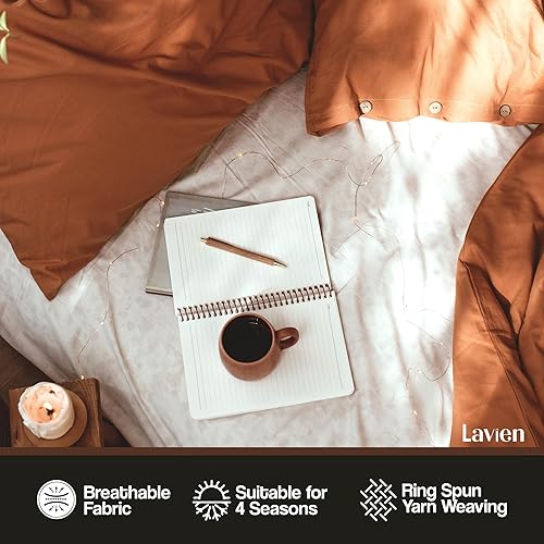 Miniatura 4 de Juego de funda de edredón %100 algodón natural, tamaño Queen, naranja quemado, similar al lino, ropa de cama lujosa, suave y cómoda con 2 fundas de