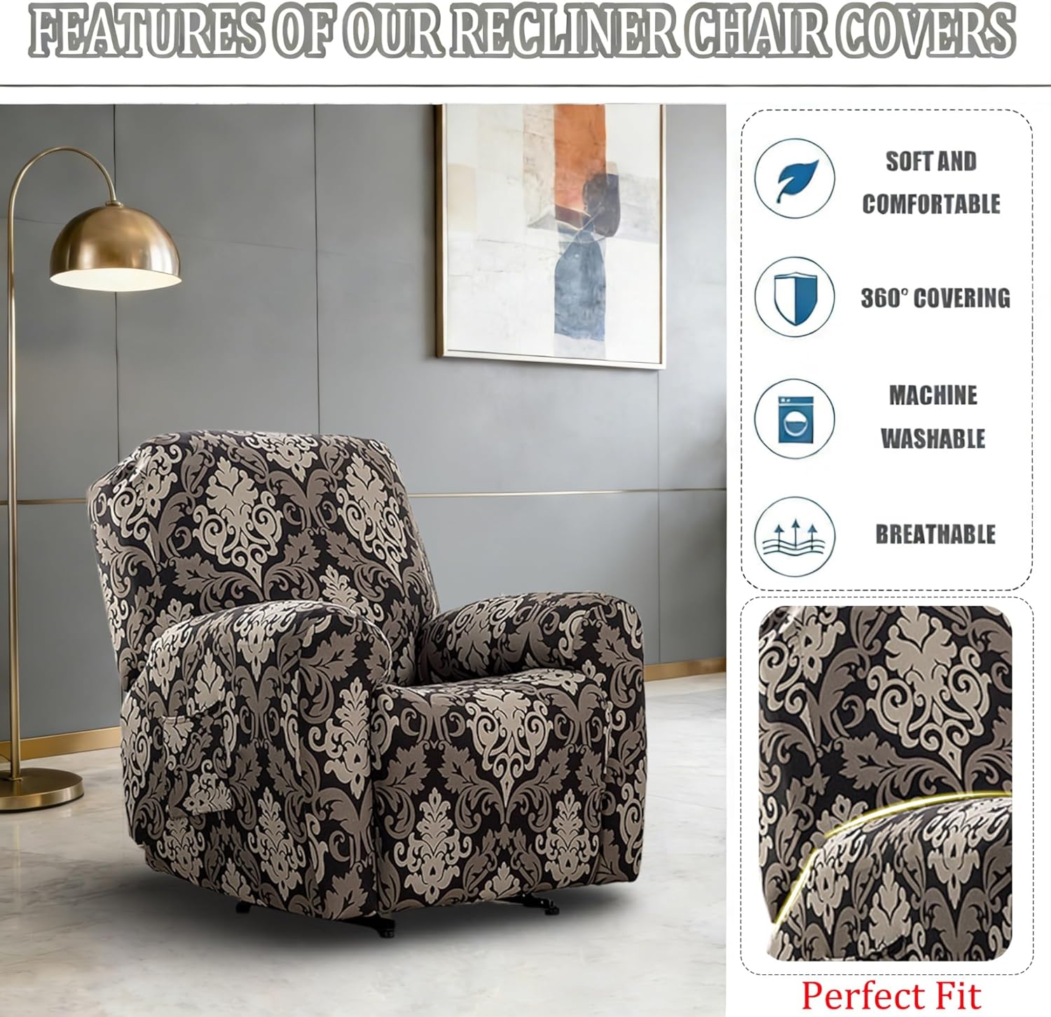 4 Piece Stretch Recliner Covers Printed Slipcover for Recliner with Pocket Lazy Boy Recliner Chair Covers Sofa Cover Soft Washable Furniture Protector for Kid Pets(Brown)