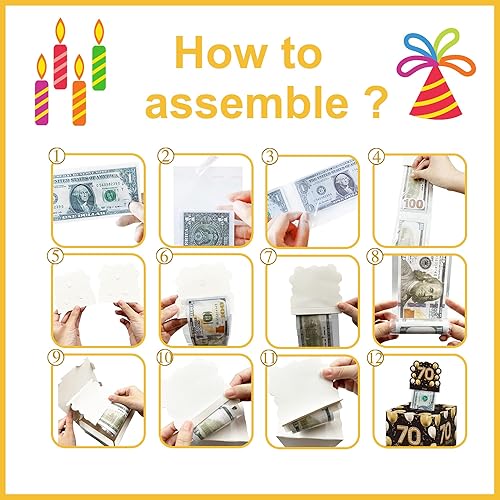 Miniatura 6 de Caja de dinero sorpresa de oro negro, regalo de 70 cumpleaños para mujeres y hombres, caja de dinero para regalo en efectivo, suministros de