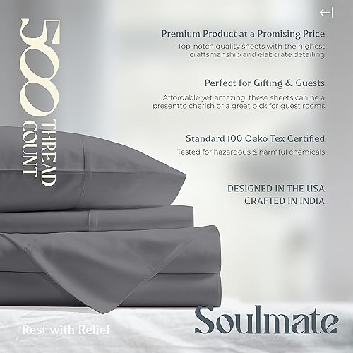 Miniatura 7 de Mayfair Linen Juego de sábanas de 100 % algodón tamaño Queen de 500 hilos, juego de 4 piezas (gris oscuro), suaves, refrescantes, de calidad