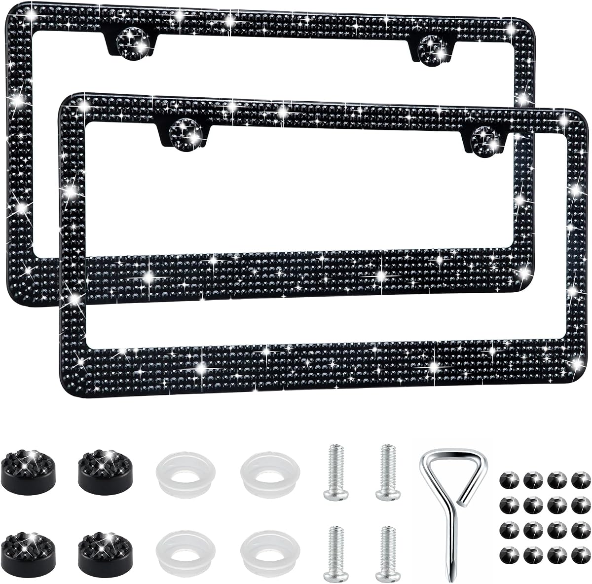 GaRhomxy Bling License Plate Frames for Women, 2 Pack Handcrafted Sparkly Rhinestone Car Accessories, Premium Stainless Steel Frame with 1000+ Faceted Glass Crystals & Free Glitter Caps (Black)