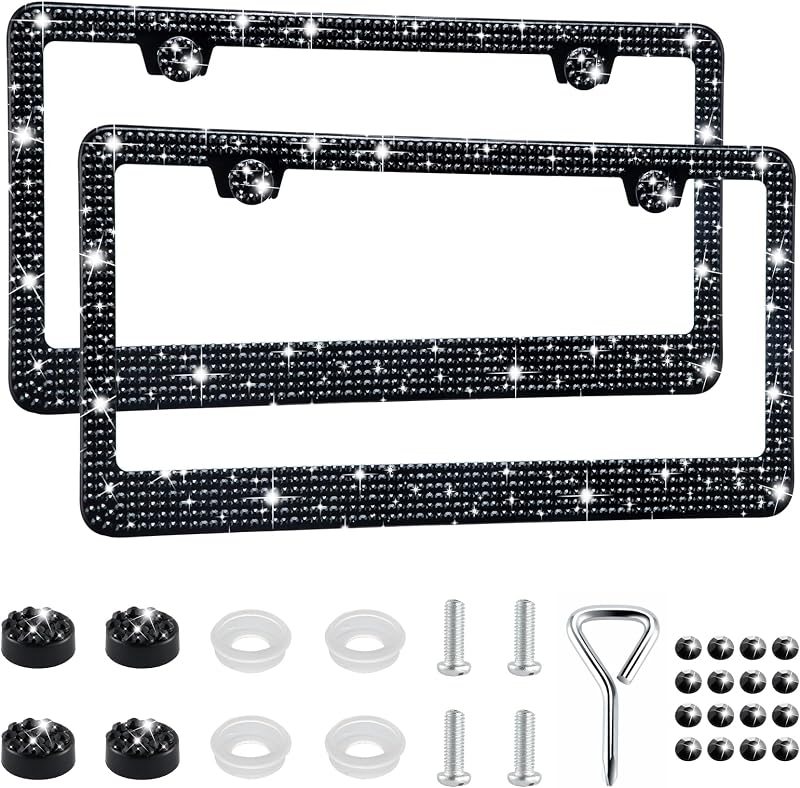 GaRhomxy Bling License Plate Frames for Women, 2 Pack Handcrafted Sparkly Rhinestone Car Accessories, Premium Stainless Steel Frame with 1000+ Faceted Glass Crystals & Free Glitter Caps (Black)