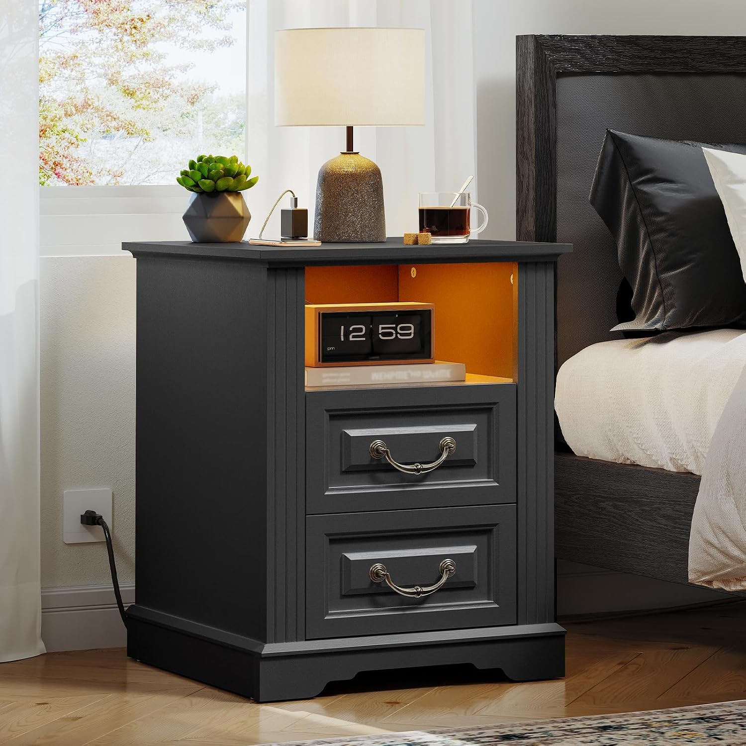 RALGEND Farmhouse Nightstand Set of 2, with Charging Station, Night Stand with 2 Drawers, End Tables Living Room, LED Bed Side Table with Open Shelf, End Table for Bedroom, Living Room, Black