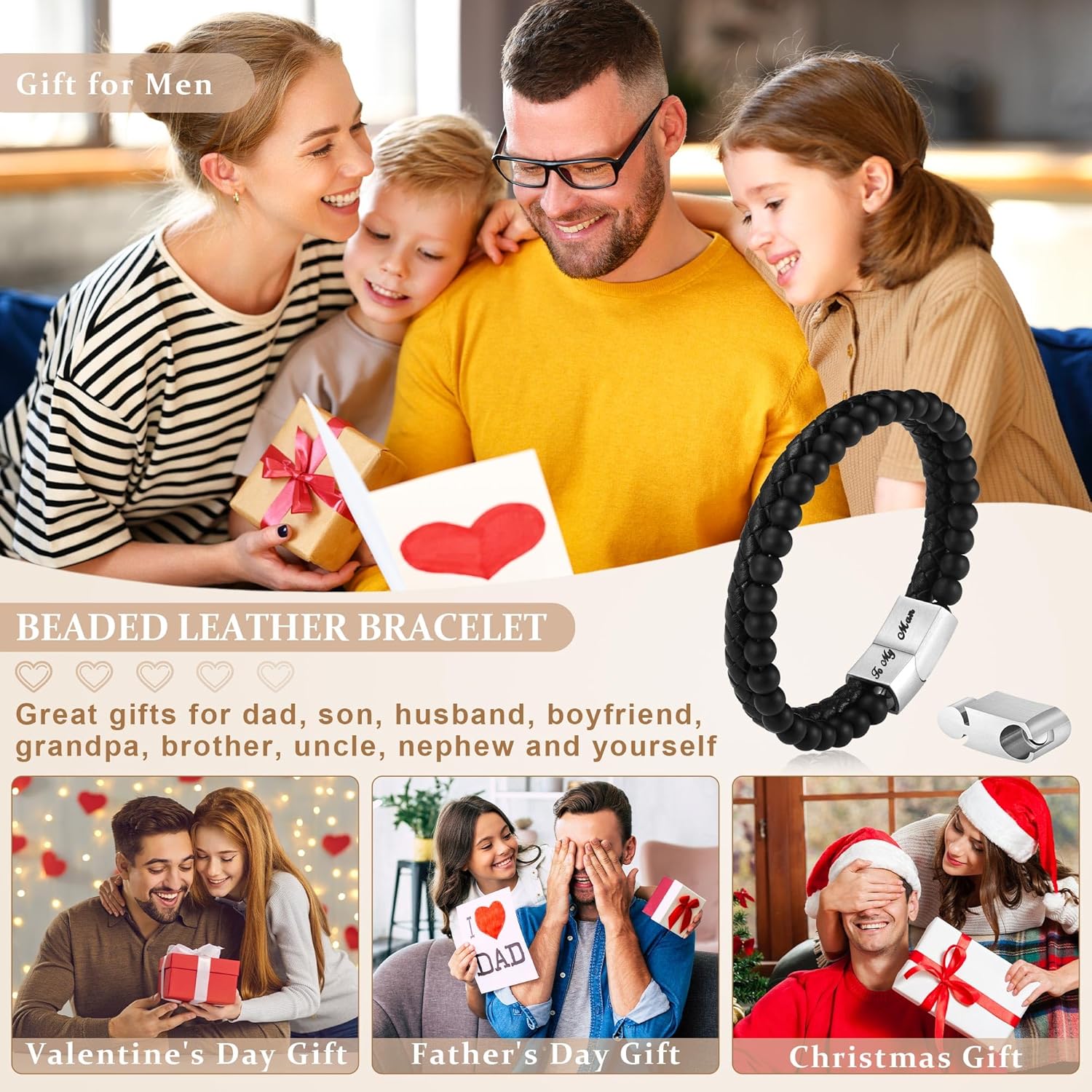 LUXEJEW Gifts for Men - Beaded Leather Bracelet 6mm Matte Agate Stone Bracelets for Men Dad Son Husband Boyfriend Grandpa Grandson Brother Uncle Nephew Adjustable Magnetic Clasp - Image 3