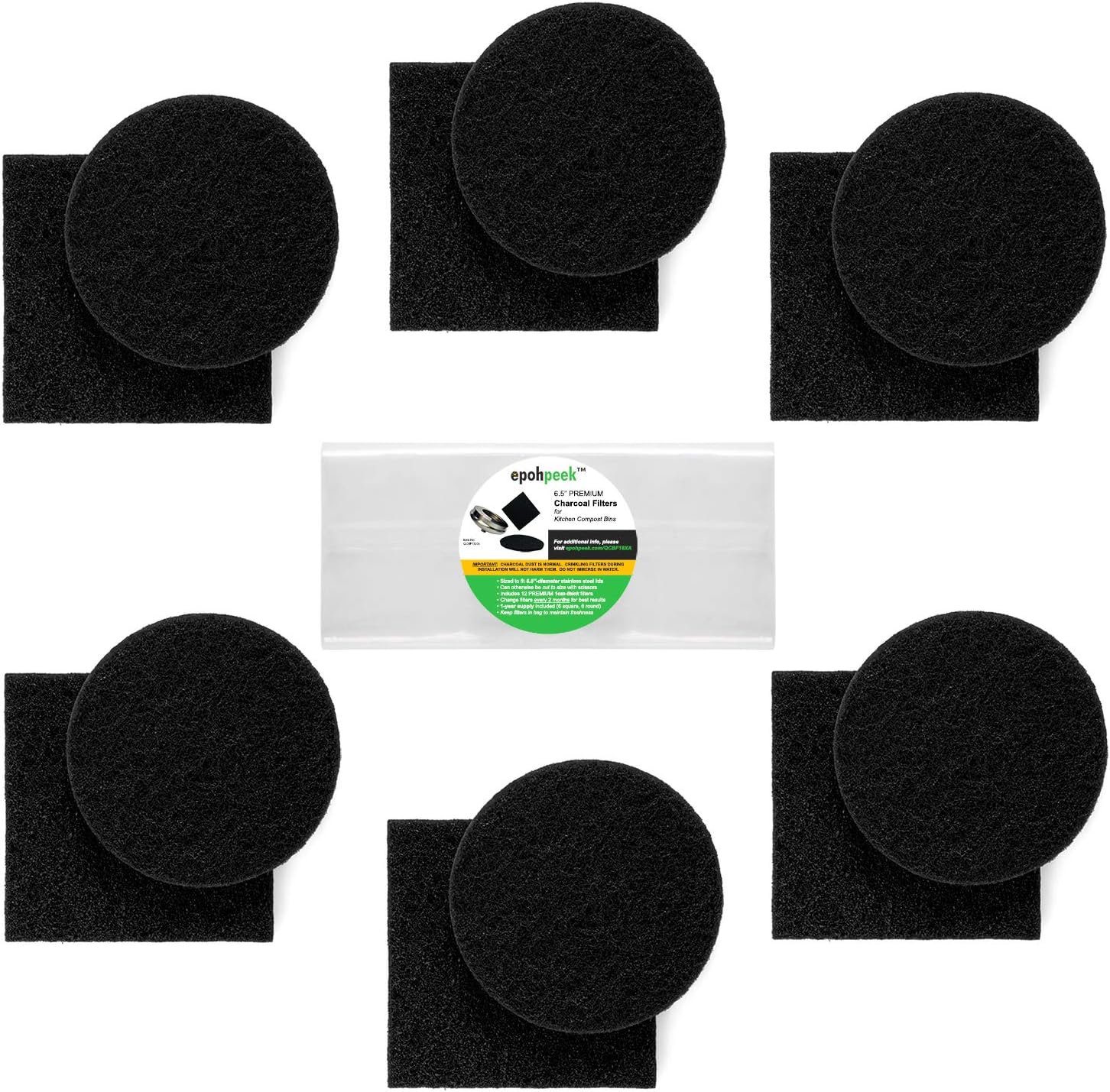 EpohpeekCompost Bin Filters Charcoal - Filter Replacement for Kitchen Pail Composter, 12 Pack Extra Thick (1cm) Fits Gallon Bucket Countertop Bins - Activated Carbon, 6 Round 6 Square, Both 6.5?