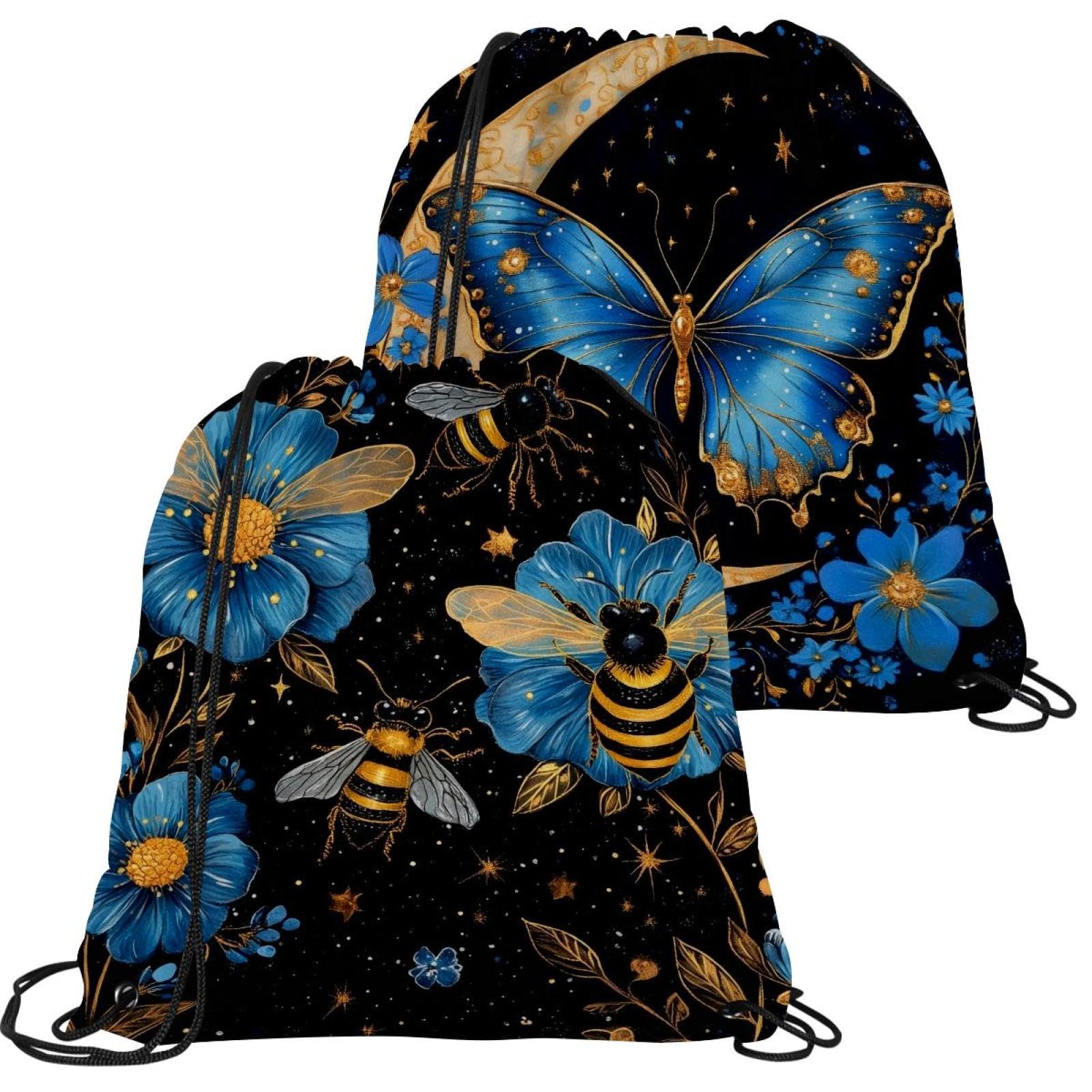 Lot de 2 sacs à dos cordon fleurs bleues unisexes pour sport et gym