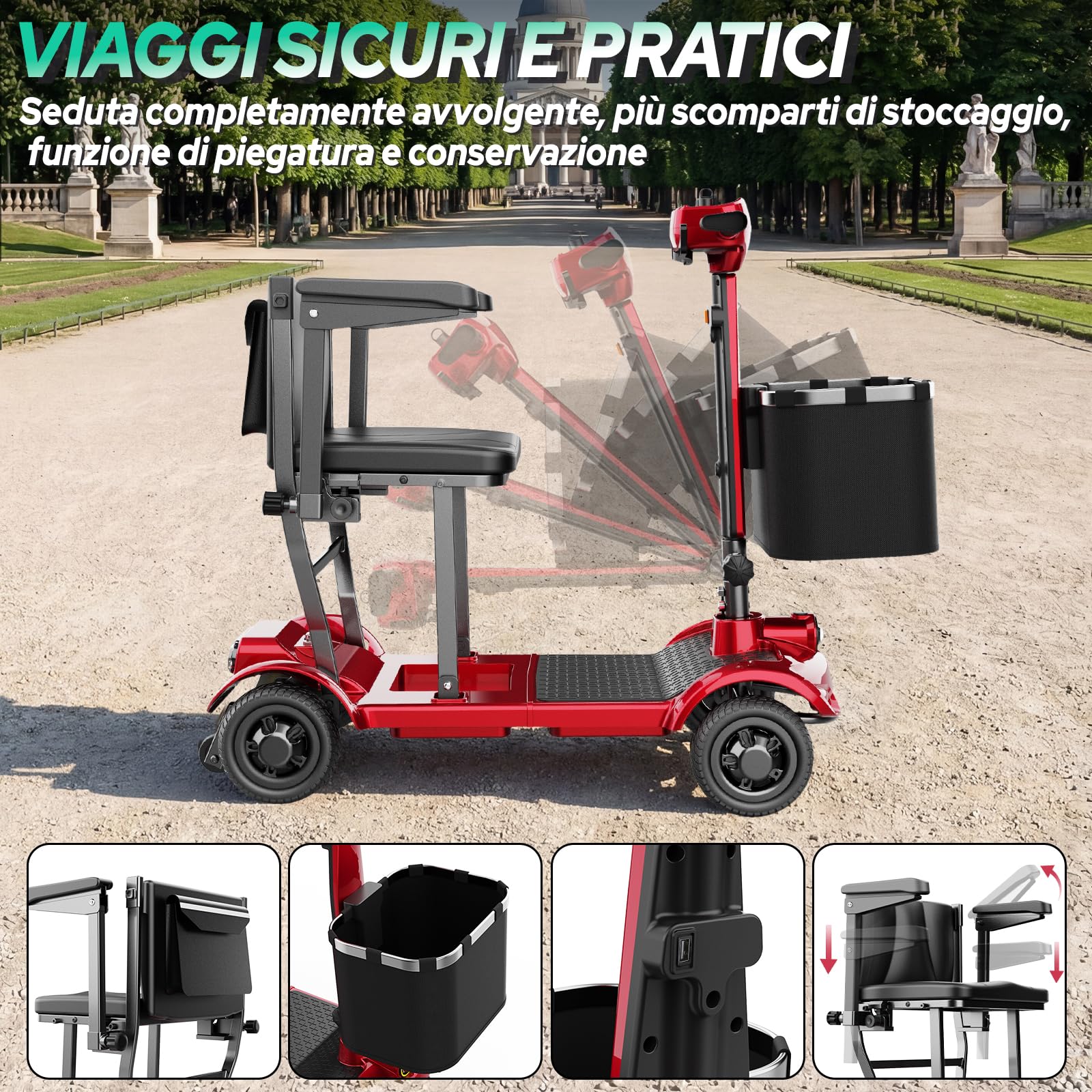 X-17 Scooter di Mobilità 4 Ruote, Autonomia 30km, Leggero e Pieghevole, Peso Massimo 130kg, 8 km/h, Sedere Confortevole, Ideale per Anziani e Disabili