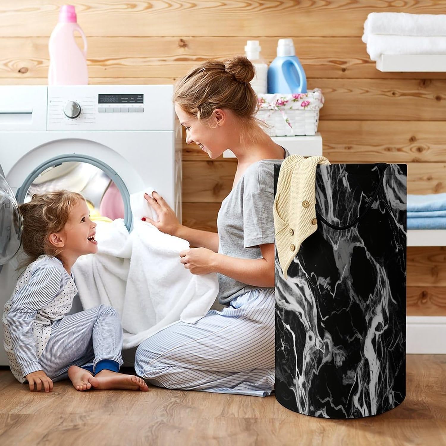 Black And White Marble Laundry Hamper 86L Waterproof Collapsible Clothes Basket with Double Handles Freestanding Foldable Laundry Basket Large Clothes Hamper for Bathroom