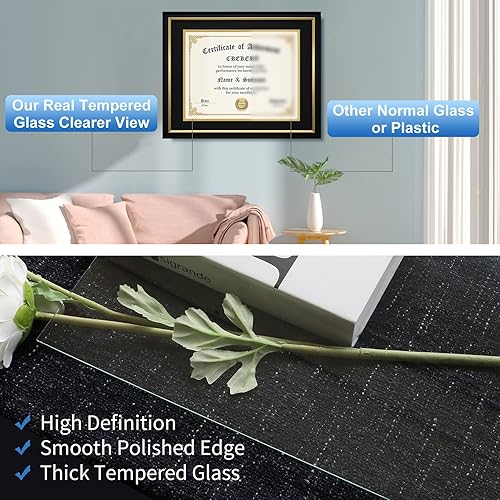 Miniatura 4 de CREKERT Marco de diploma de 11 x 14 pulgadas, madera maciza, vidrio inastillable para documentos, marco dorado negro de 8.5 x 11 pulgadas con